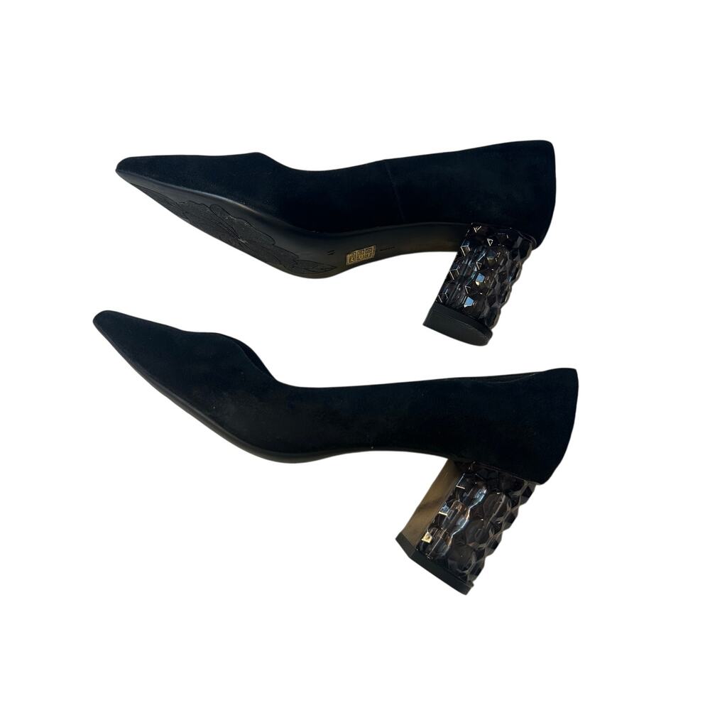 Pedro Anton Spain Black Suede Pointed Pumps Lucite Acrylic Block Heel Sz 41 / 10